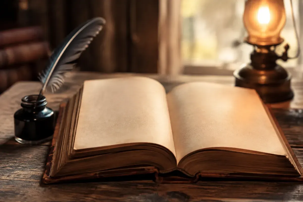 Livre ancien ouvert sur une table en bois, plume et encrier