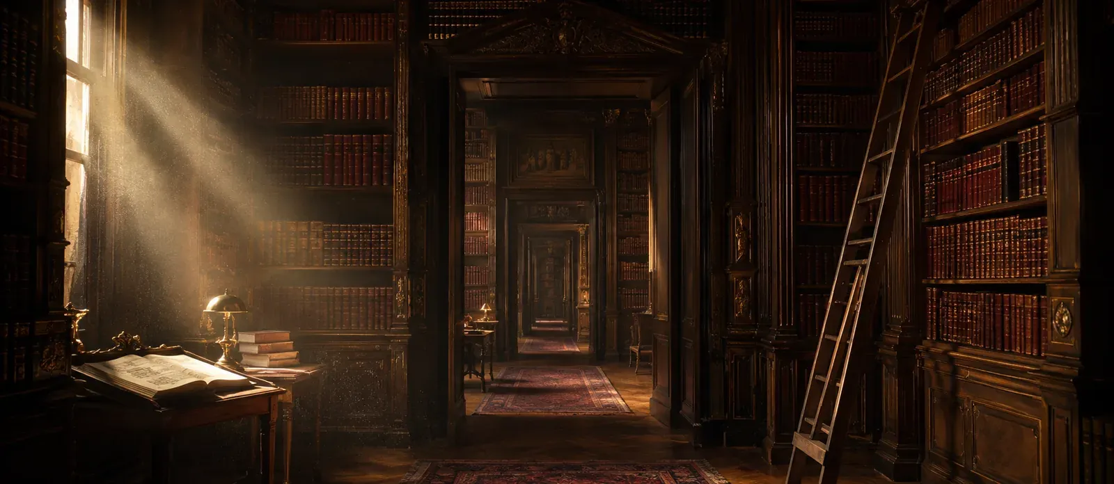 Bibliothèque ancienne en enfilade, rayonnages de reliures dans un rai de lumière